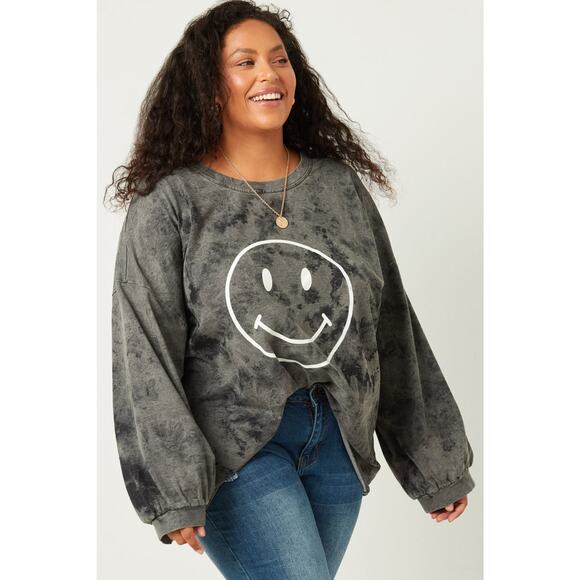HAYDEN Sunni Plus Smiley Face Black Wash Long Sleeve Oversized Shirt Plus 1XL - Picture 1 of 5